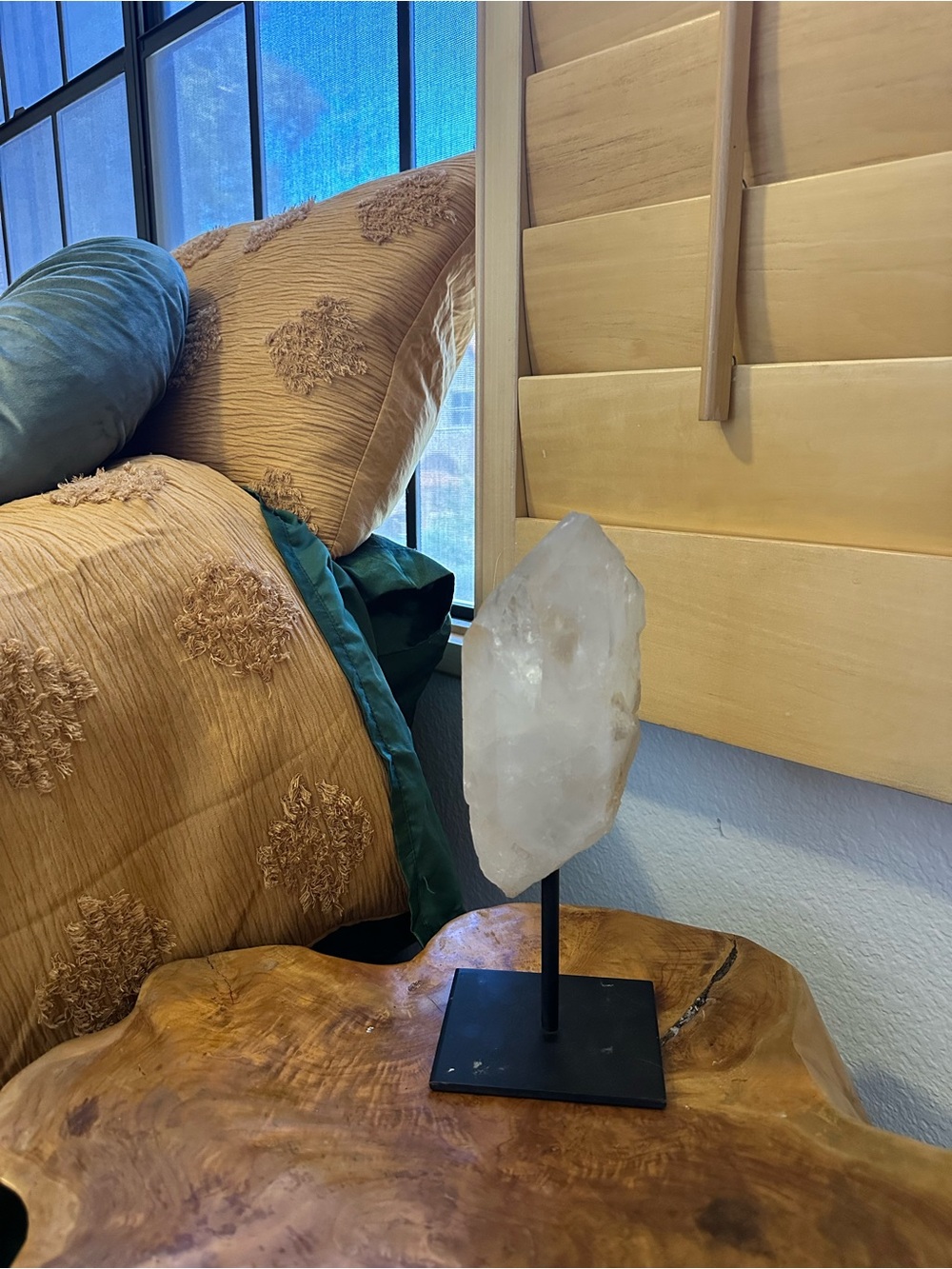 Natural Brazilian Clear Quartz Crystal on Black Stand | Modern Home Decor